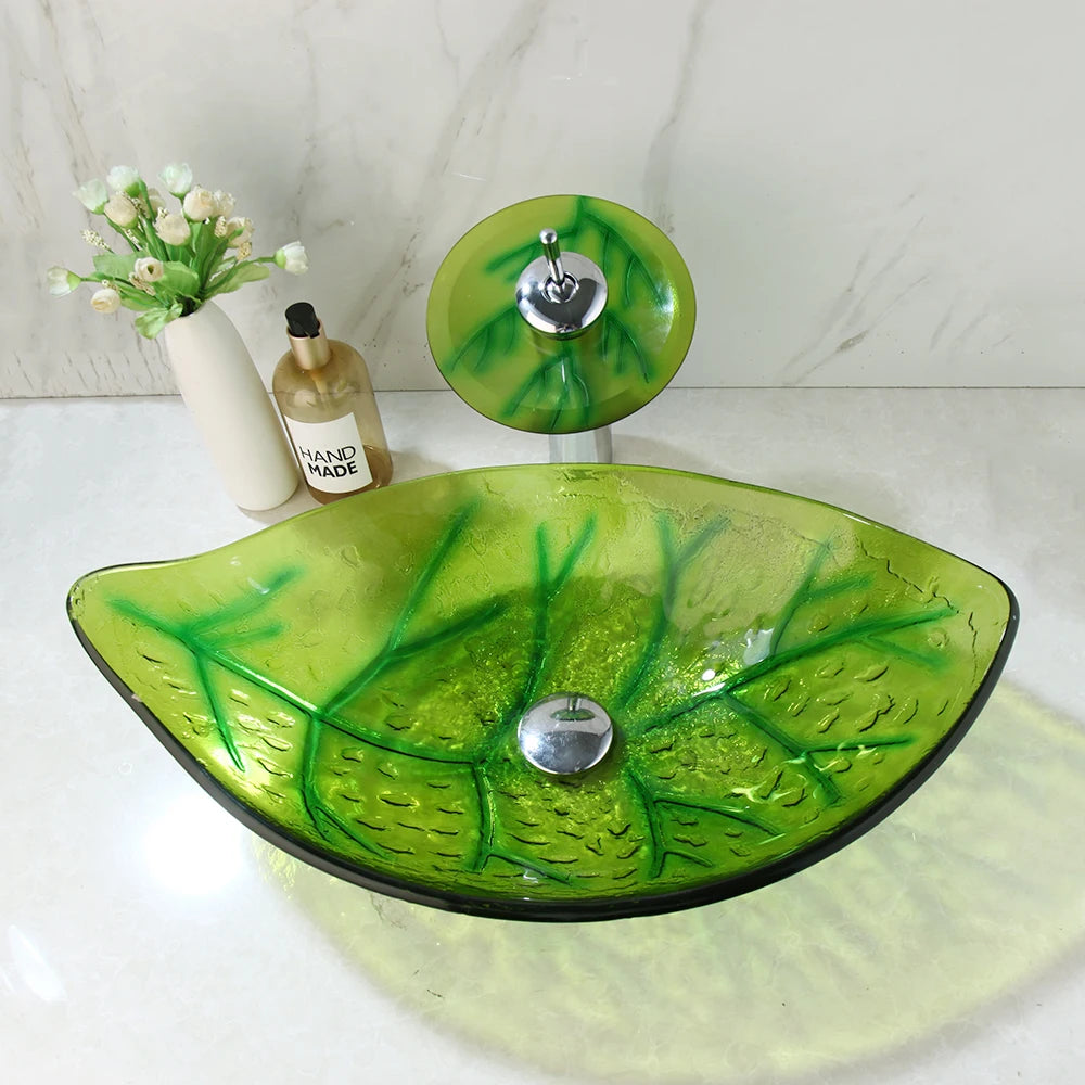 Yanksmart Leaf Shape Glass Vessel Basin Sink With Waterfall Faucet