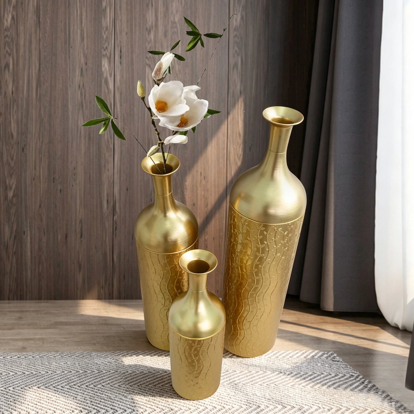 Modern White Metal Floor Vases Set of 3, Tall Gold Leaf Glazed Cylindrical Vase for Entryway Living Room Home Decor