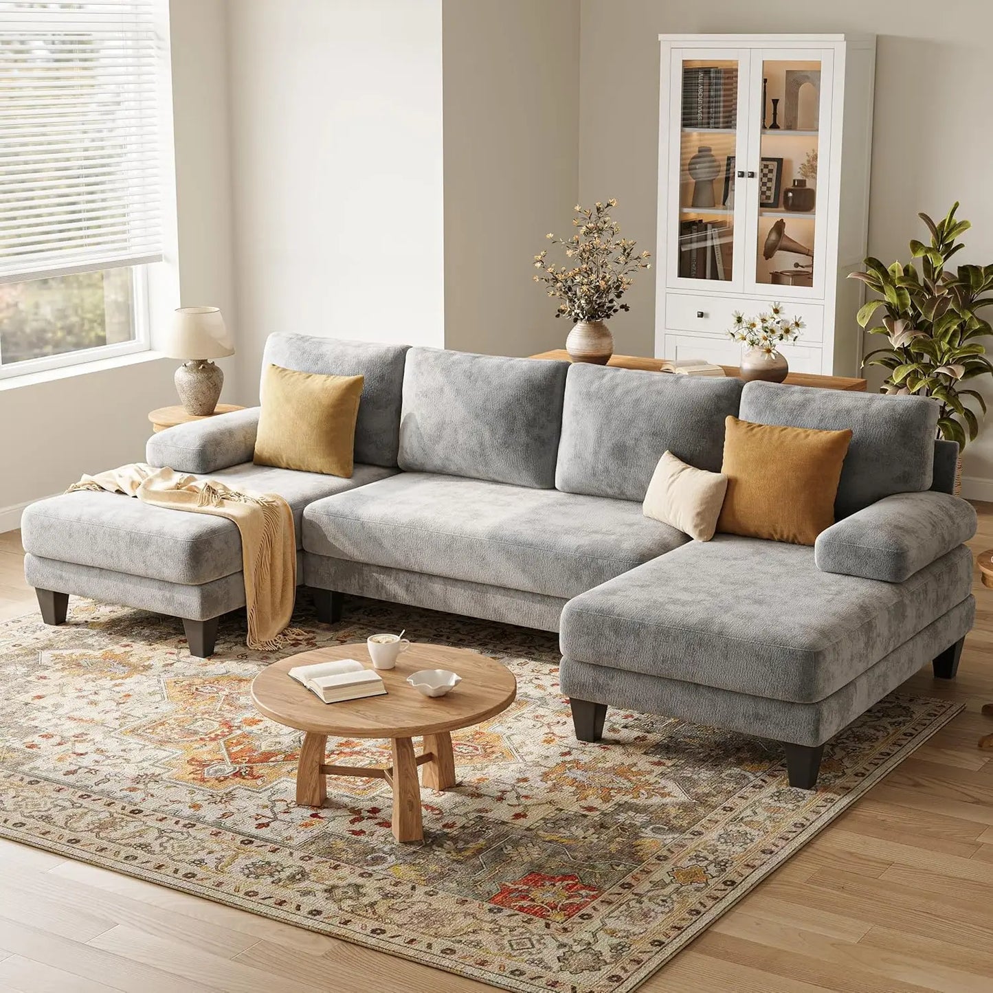 U Shaped Chenille Sectional Sofa With Double Chaise