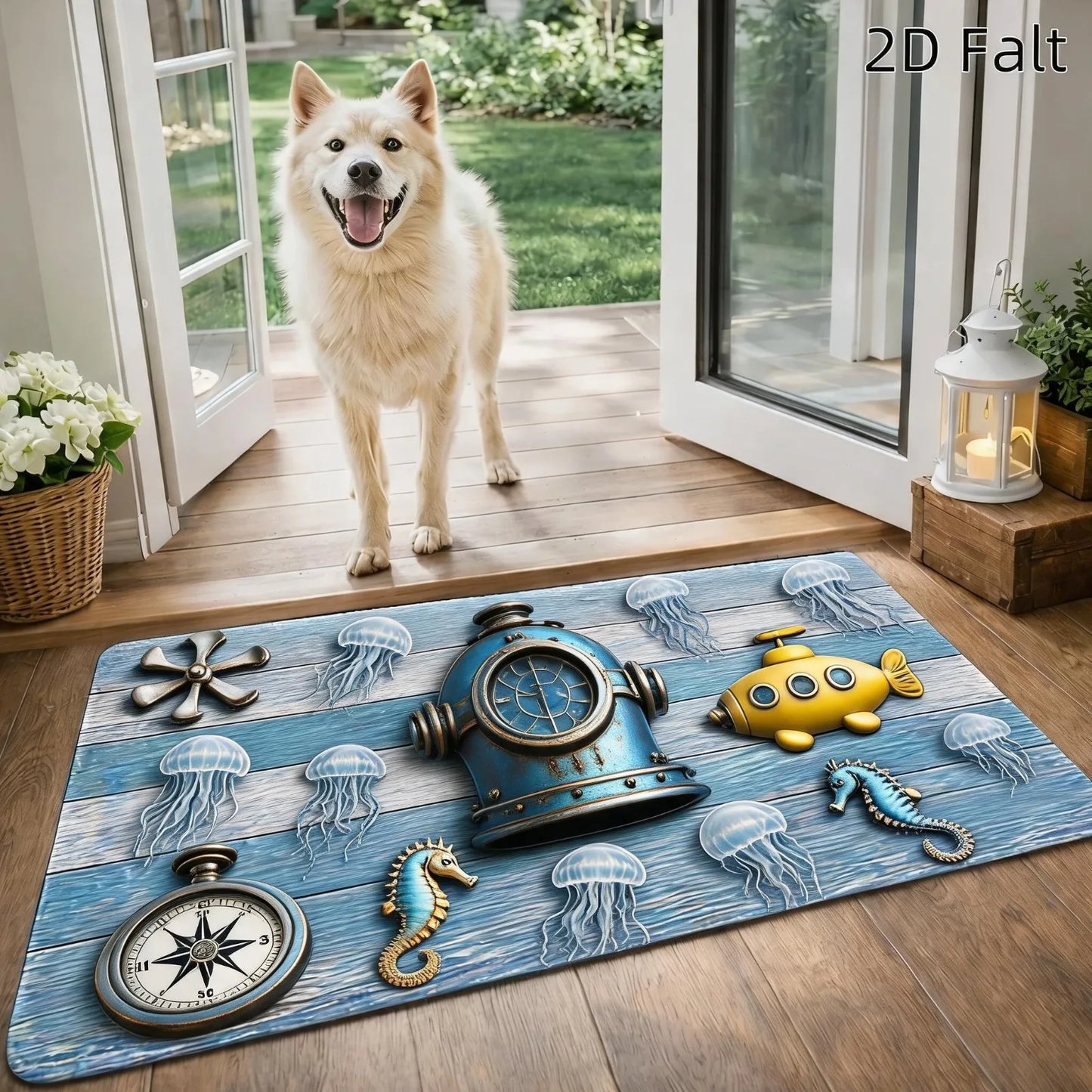 1pc Flat Printing Flannel Material Door Mat, Ocean Style Lighthouse Anchor Starfish Floor Mat, Durable and, Machine Washable, Universal Entrance Doormat Kitchen Foot Mat, for Living Room Bedroom Office Bathroom Balcony Hallwa