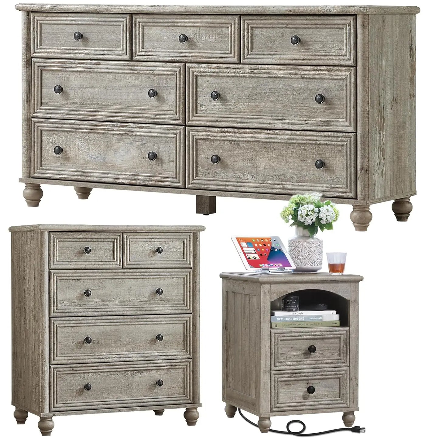 Farmhouse Dressers & Night Stand Set of 3, Wood 54" Wide 7 Drawer Dresser & 35.5"Tall Chest of Drawers, 18" with, Customized