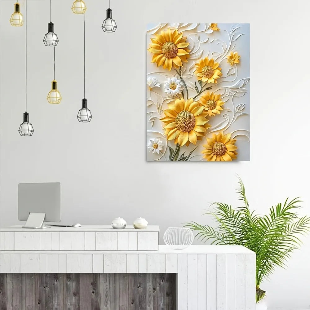 3D Sunflower Canvas Art With Wood Frame For Living Room Decor