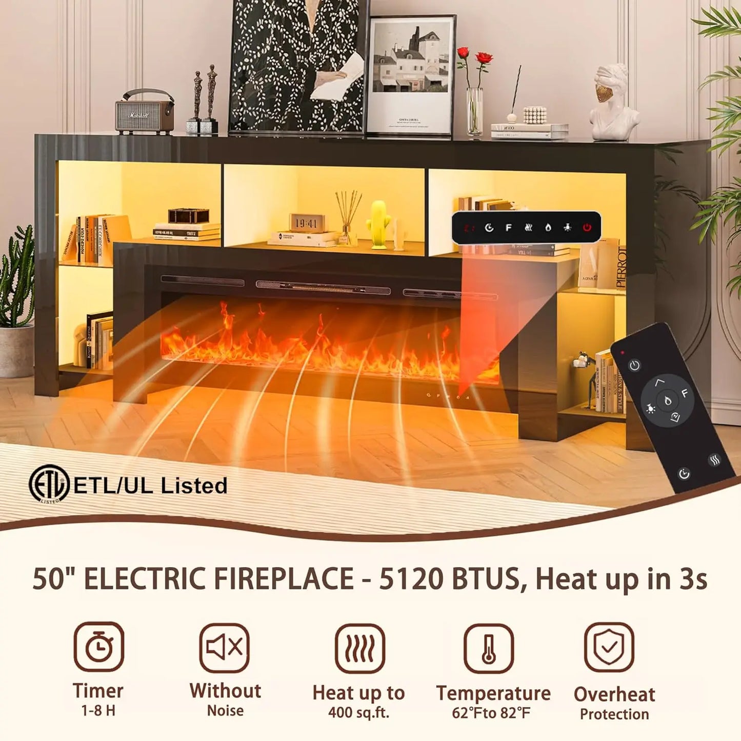 94.5" Fireplace TV Stand for TVs Up to 100", Gaming LED Entertainment Center with 50" Electric Fireplace, Modern High Gloss Medi