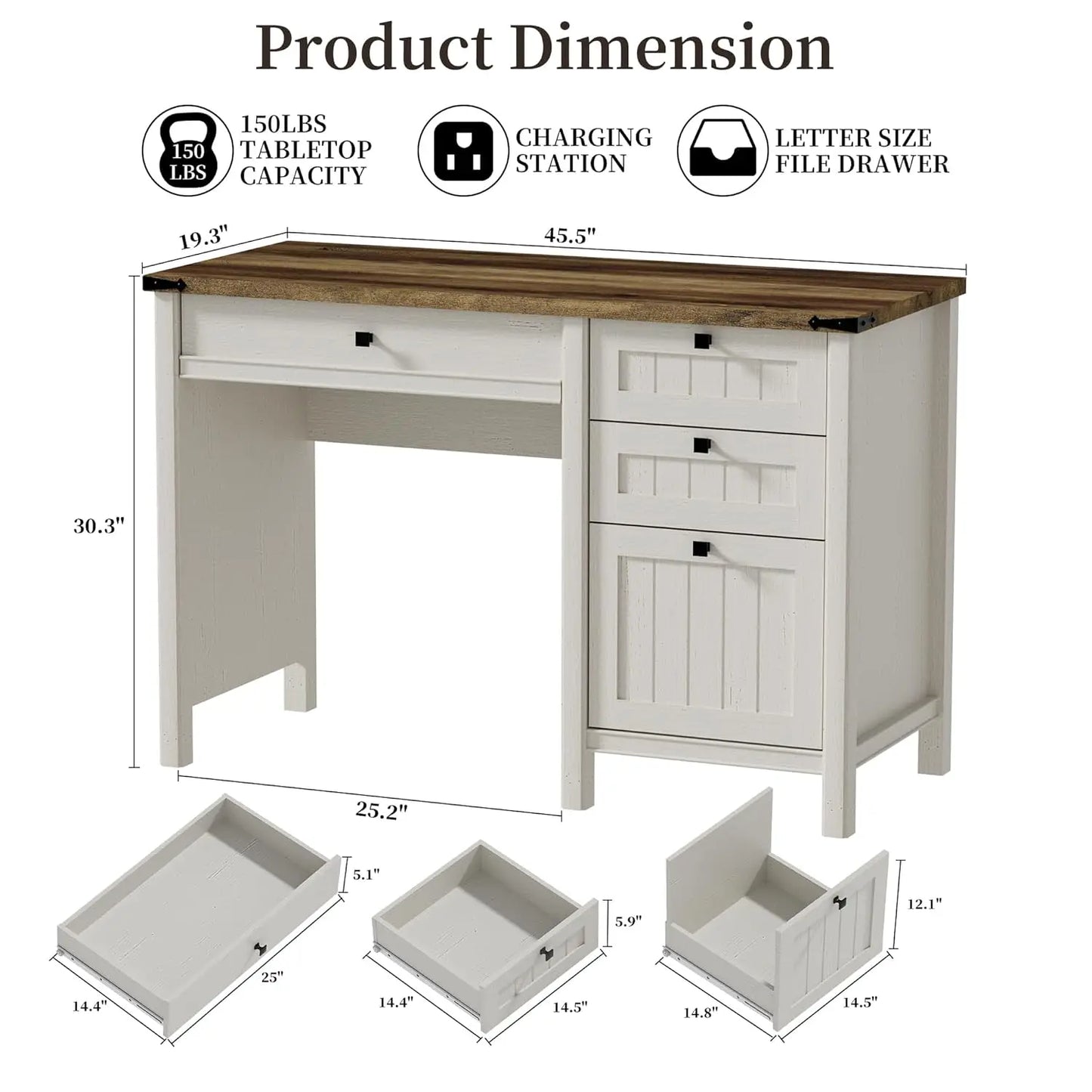 NONEDesk Executive Desk with File Cabinets and USB Charging Station
