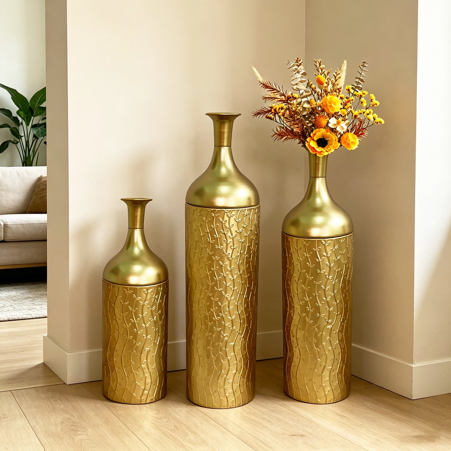 Modern White Metal Floor Vases Set of 3, Tall Gold Leaf Glazed Cylindrical Vase for Entryway Living Room Home Decor