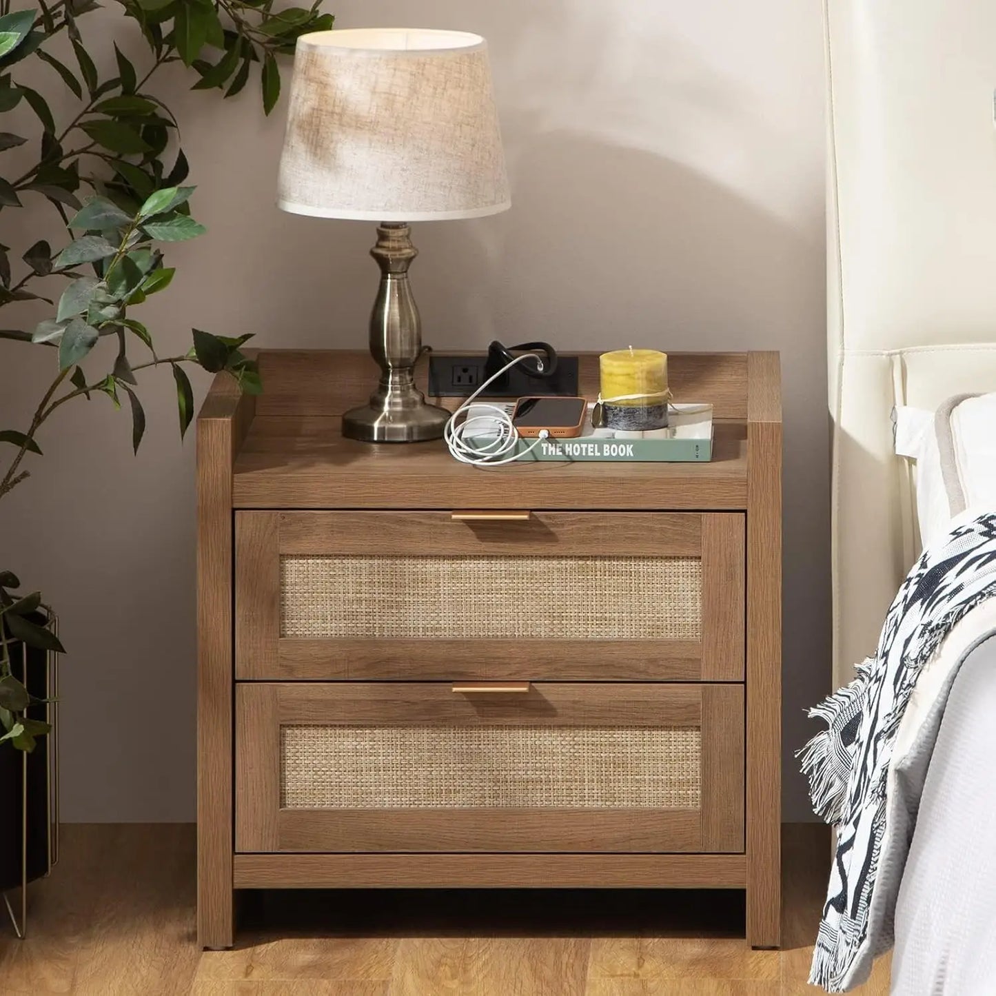 Rattan Nightstand End Table - Night Stand Bedside Table with Type-C Charging Station, 2 Drawers Storage - Boho, Customized