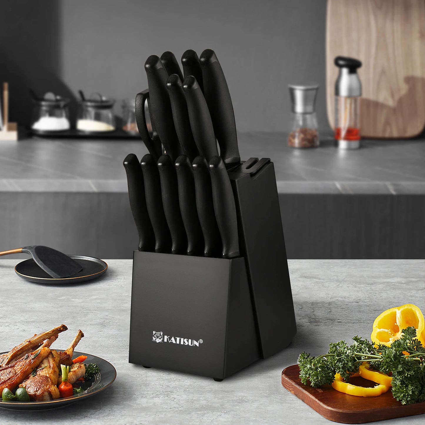 15 Piece Carbon Steel Kitchen Knife Block Set With Sharpener