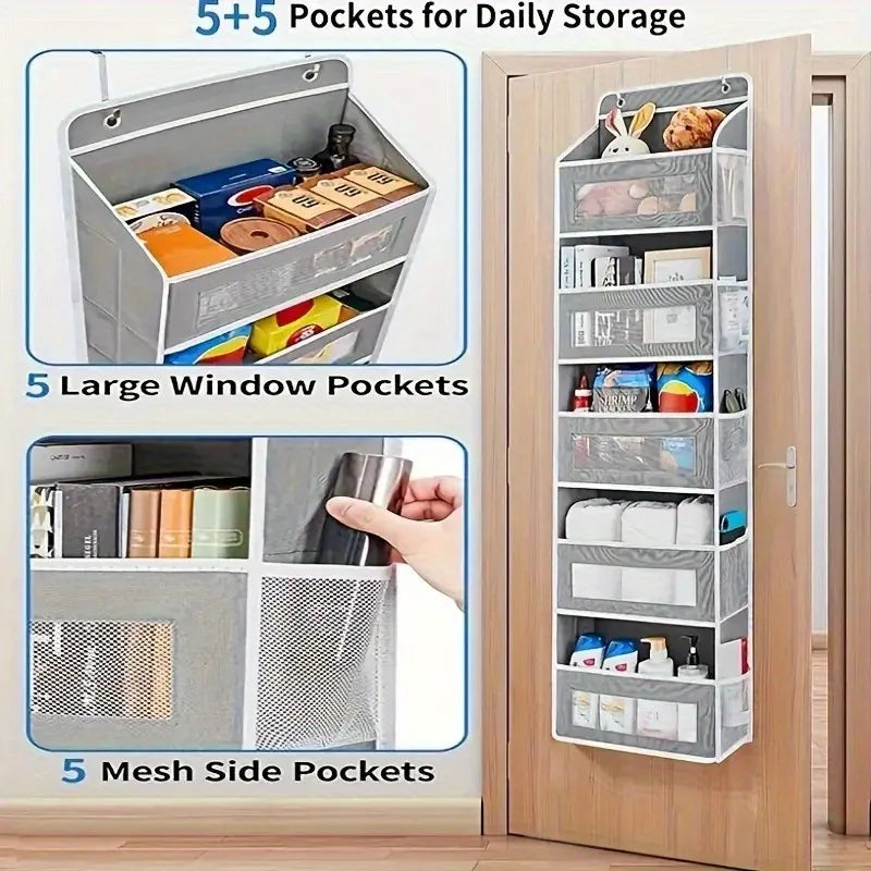 Door Hanging Storage Rack - 5+5 Pockets for Everyday Storage with 5 Large Clear & Mesh Side Pockets Over-The-Door Multi-Pocket Organizer Hangable Black Large Capacity Anti-Tilt Design Heavy-Duty