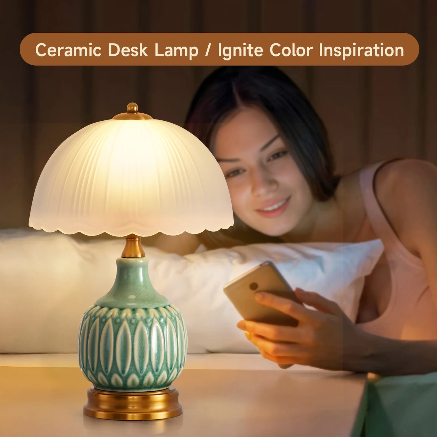 Retro Farmhouse Ceramic Bedside Table Lamp, Green Crackle Glaze Embossed Vase Lamp Body, Scalloped Pleated Frosted Glass Lampshade, 3 Color Temperature Dimmable Nightstand Lamp with Luxury Brass Fittings, Decorative Accent Li