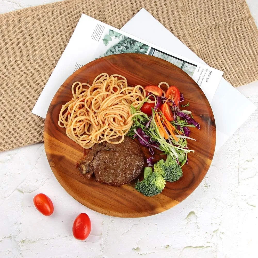 11Inch Acacia Wood Dinner Plates Set of 4, Lightweight & Easy Clean, Unbreakable Classic Plate for Snack, Dessert