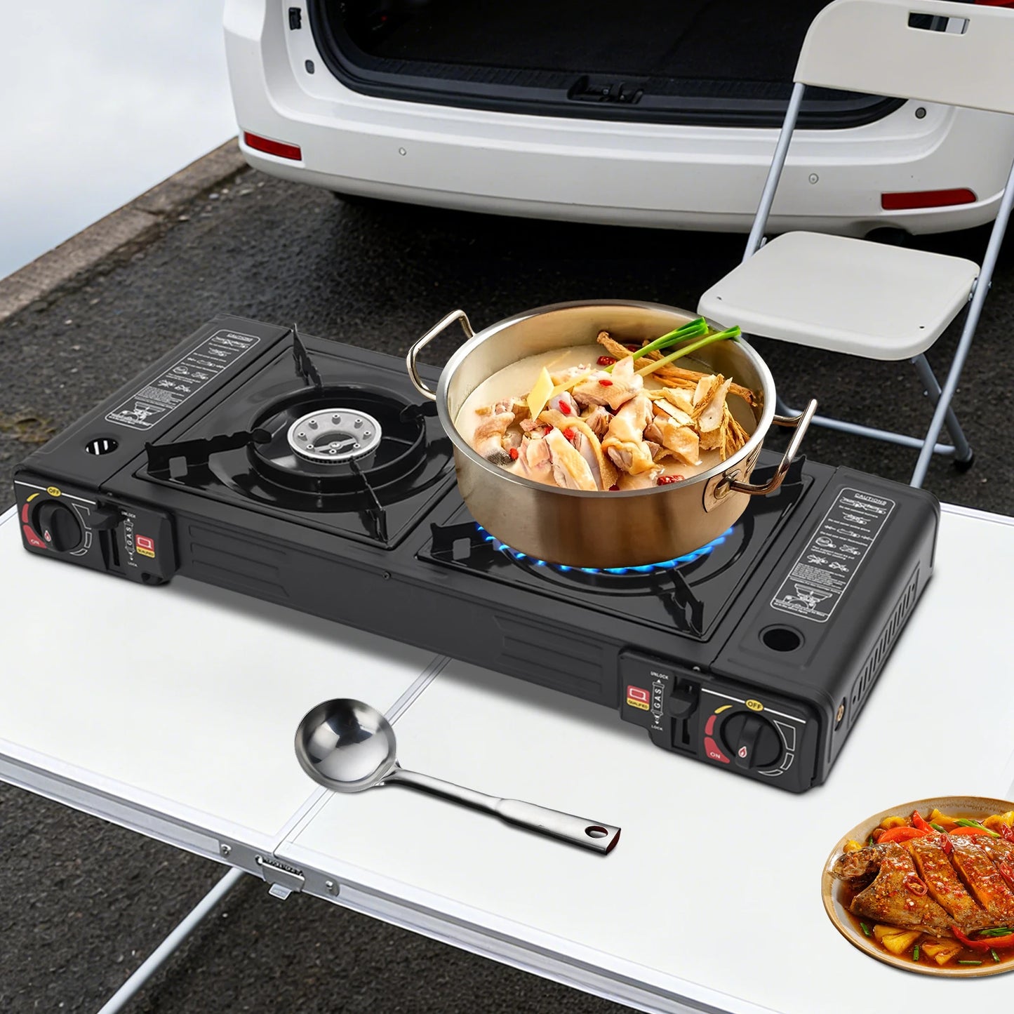 Two Burner Camping Stove With Auto Ignition And Baking Tray