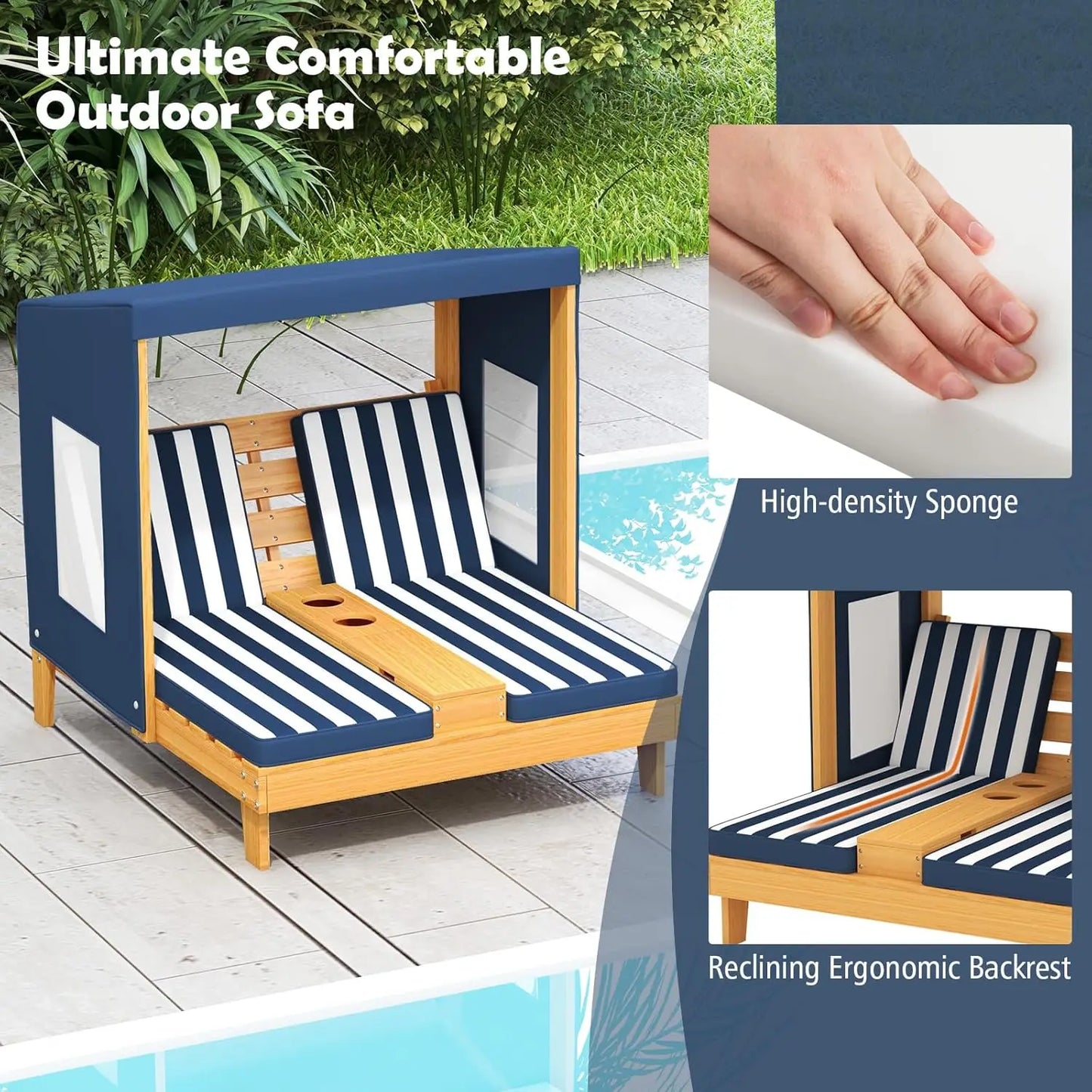 Kids Outdoor Wooden Lounge Chair With Canopy And Cup Holders