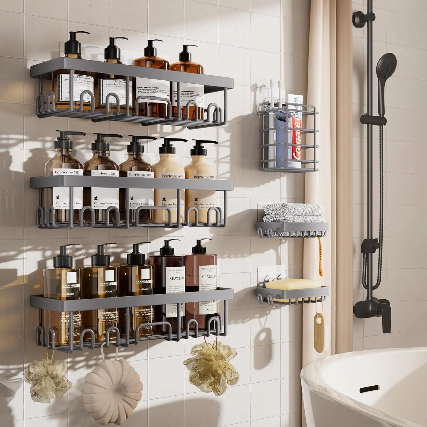 6 Pack Shower Caddy Organizer Rack Shelf for Inside Shower, Adhesive Bathroom Wall Storage Basket Rustproof Stainless Steel Shampoo Holder, Bathroom Accessory Decor Set