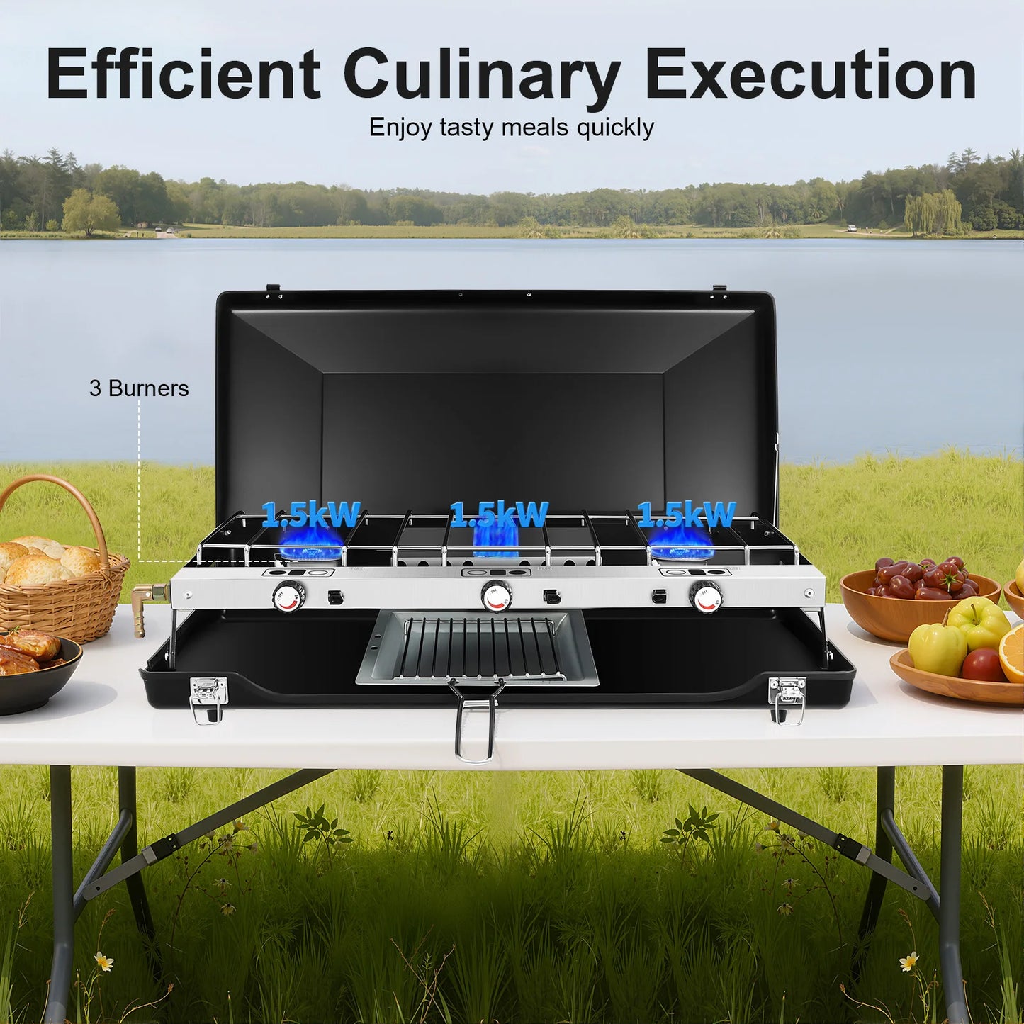 NONED Portable 3 Burner Camping Stove Gas Grill With Ignition