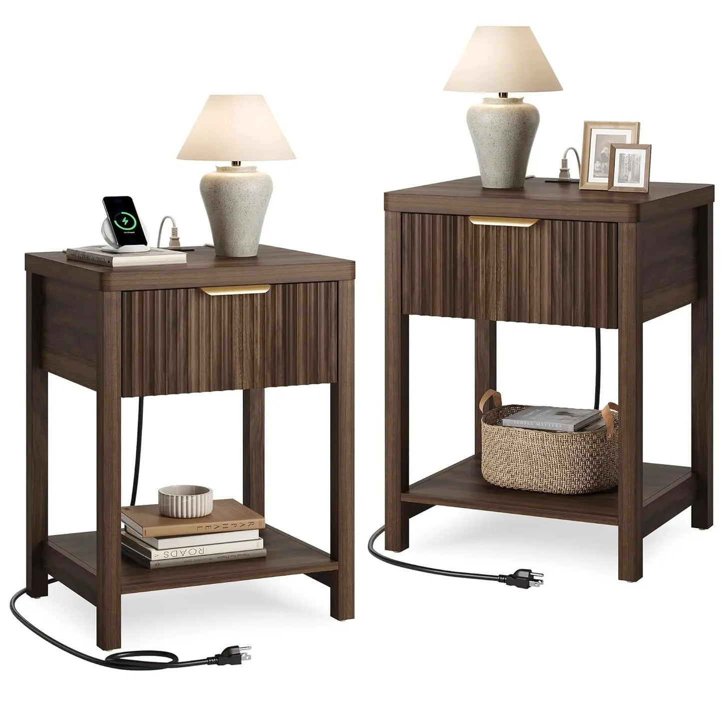 Night Stand Set 2, Fluted Nightstand with Charging Station, Wood Modern Bedside End Table with Storage Drawer for, Customized