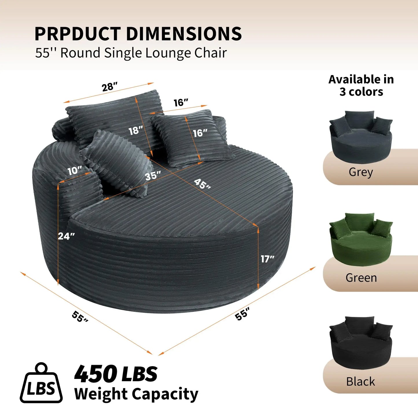 HiMISS Round Indoor Chair Corduroy With 3 Pillows For Living Room