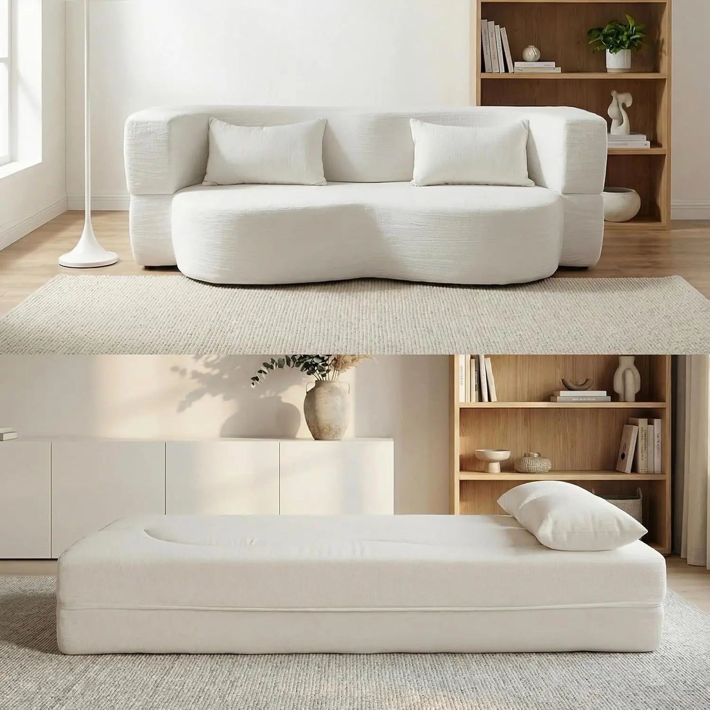 Convertible Sofa Bed 2-In-1 Teddy Fabric Loveseat With Pillow