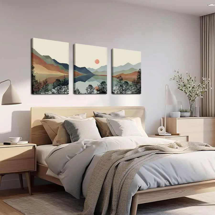Framed Mountain Canvas Wall Art Abstract Nature Set of 3