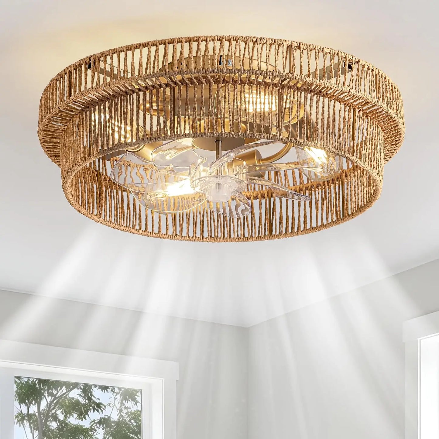 Rattan Boho Ceiling Fan with Light Flush Mount with Remote