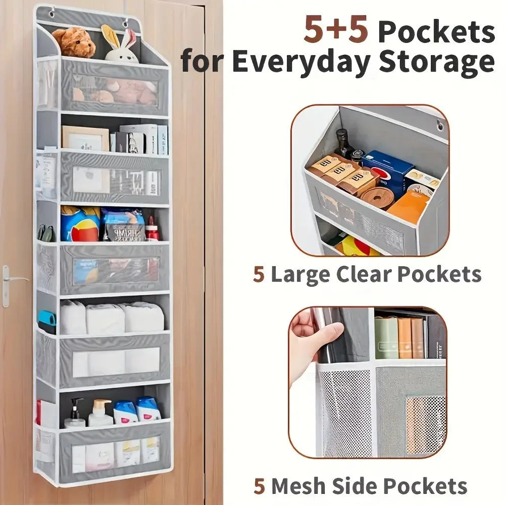 Door Hanging Storage Rack - 5+5 Pockets for Everyday Storage with 5 Large Clear & Mesh Side Pockets Over-The-Door Multi-Pocket Organizer Hangable Black Large Capacity Anti-Tilt Design Heavy-Duty