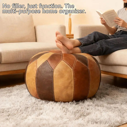 Moroccan Faux Leather Pouf Ottoman With Storage