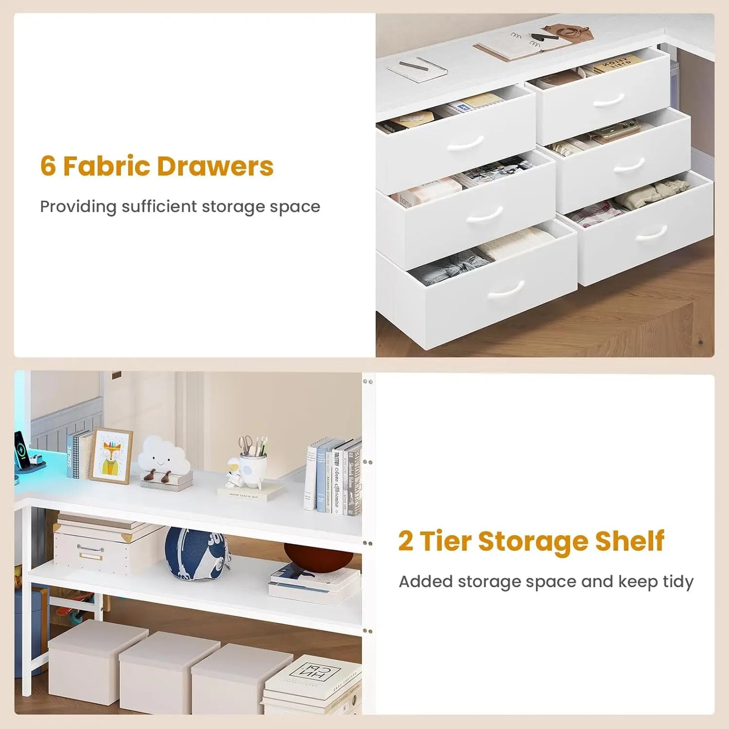 Loft Bed With U Shaped Desk LED Lighting Power Outlet And Storage