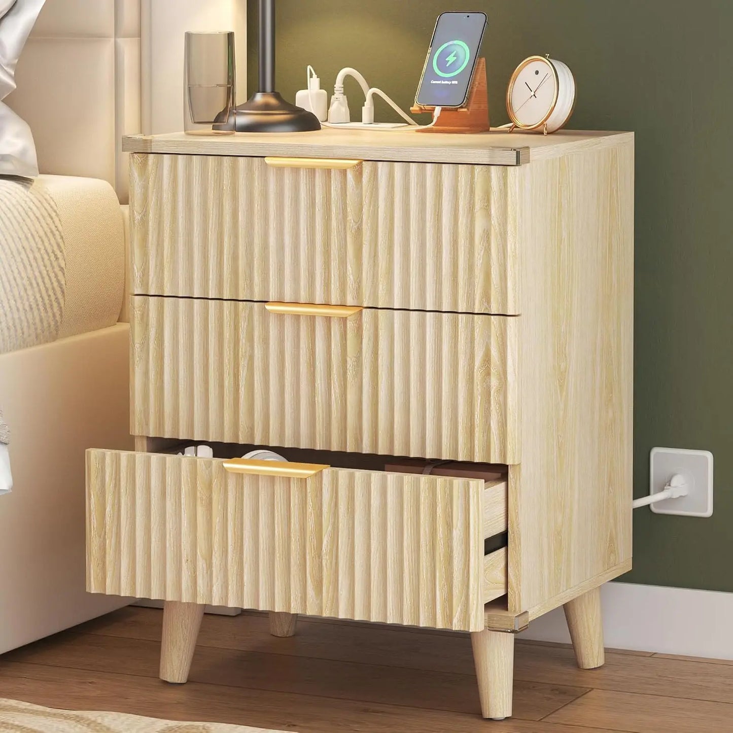 Wood 3 Drawer Dresser Nightstand With Charging Station