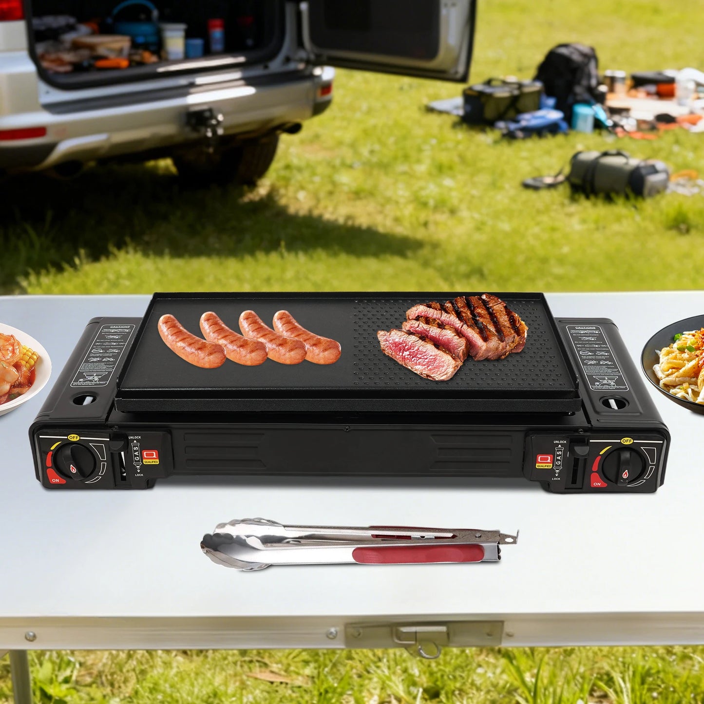 Two Burner Camping Stove With Auto Ignition And Baking Tray