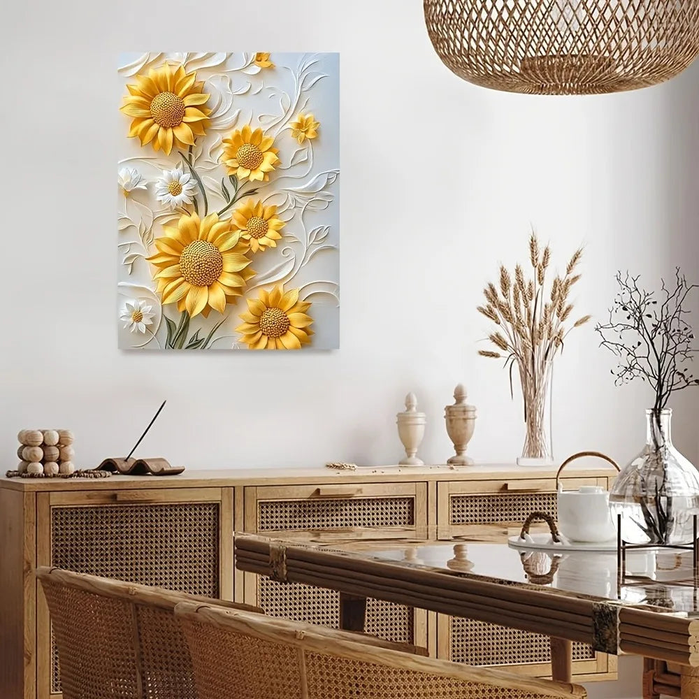 3D Sunflower Canvas Art With Wood Frame For Living Room Decor