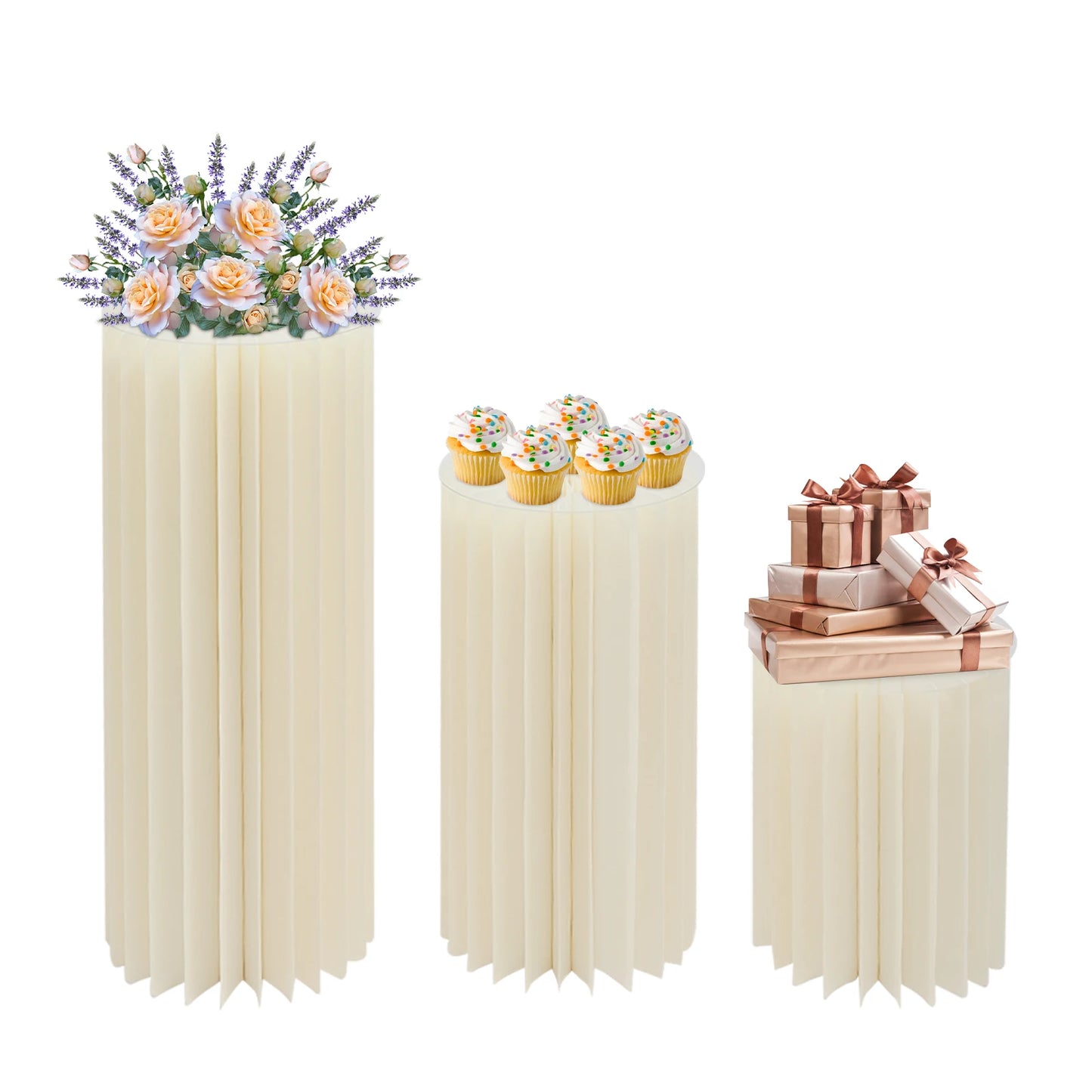 3pcs Foldable Cardboard Flowers Stand,Milky White Round Cylinder Centerpiece Display Stand, for Wedding Party Garden Decoration