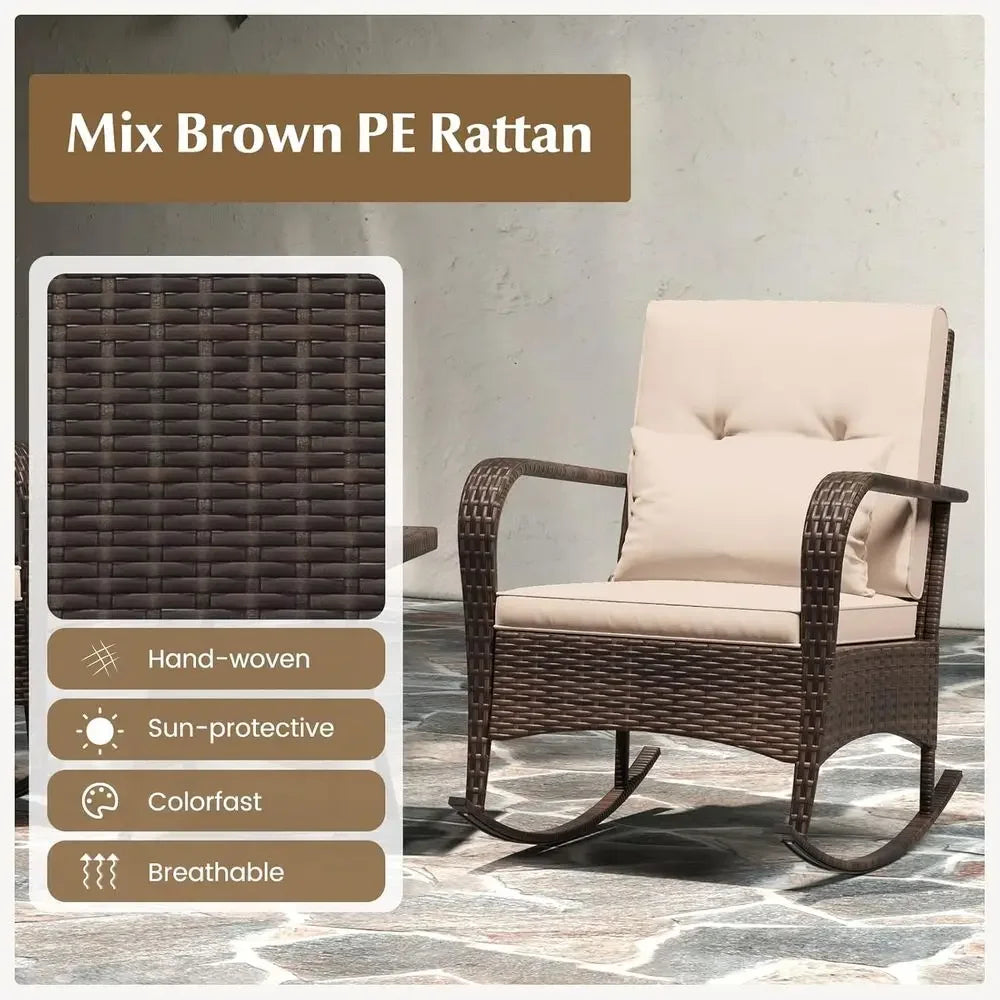 Outdoor Rocking Chairs Set o 2, 3 Piece PE Wicker Patio Bistro Set | Coee Table & Thick Cushions, Rattan Patio Rocker urniture o
