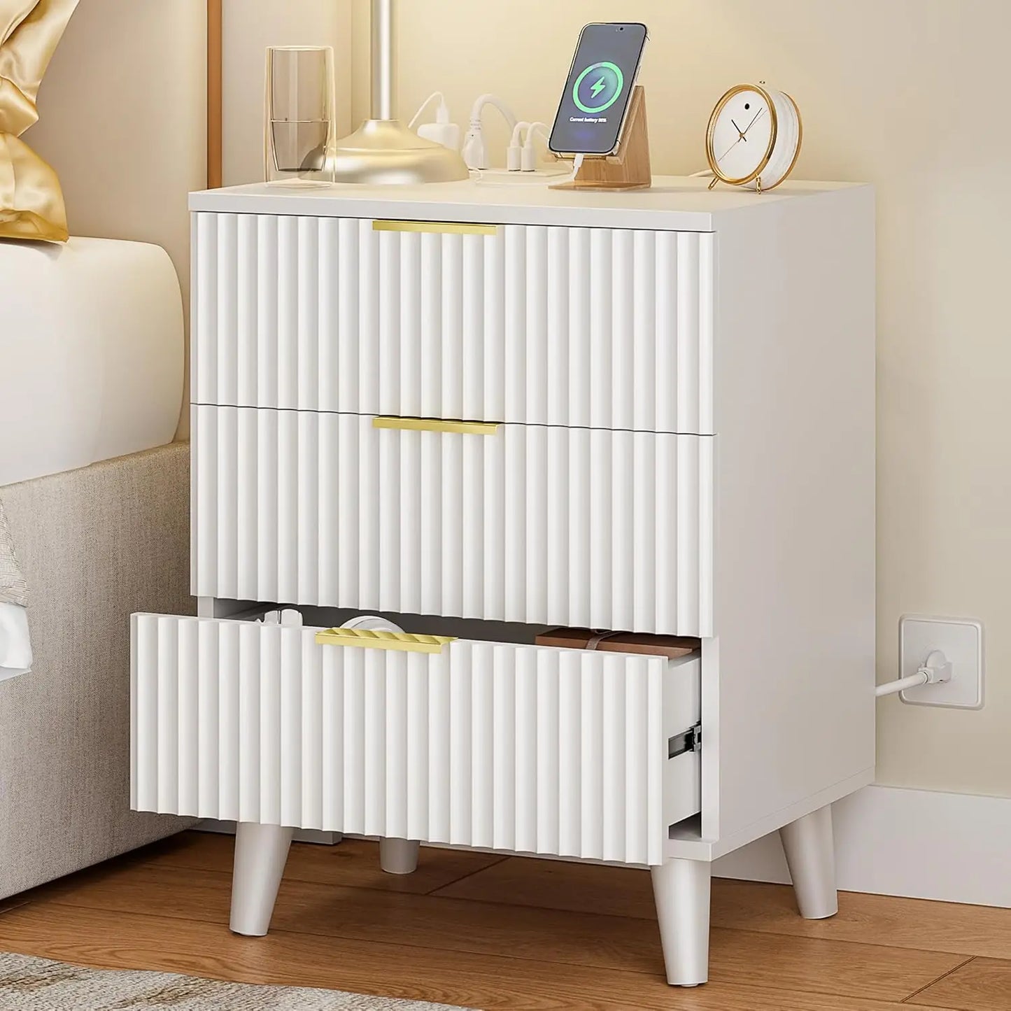 Wood 3 Drawer Dresser Nightstand With Charging Station