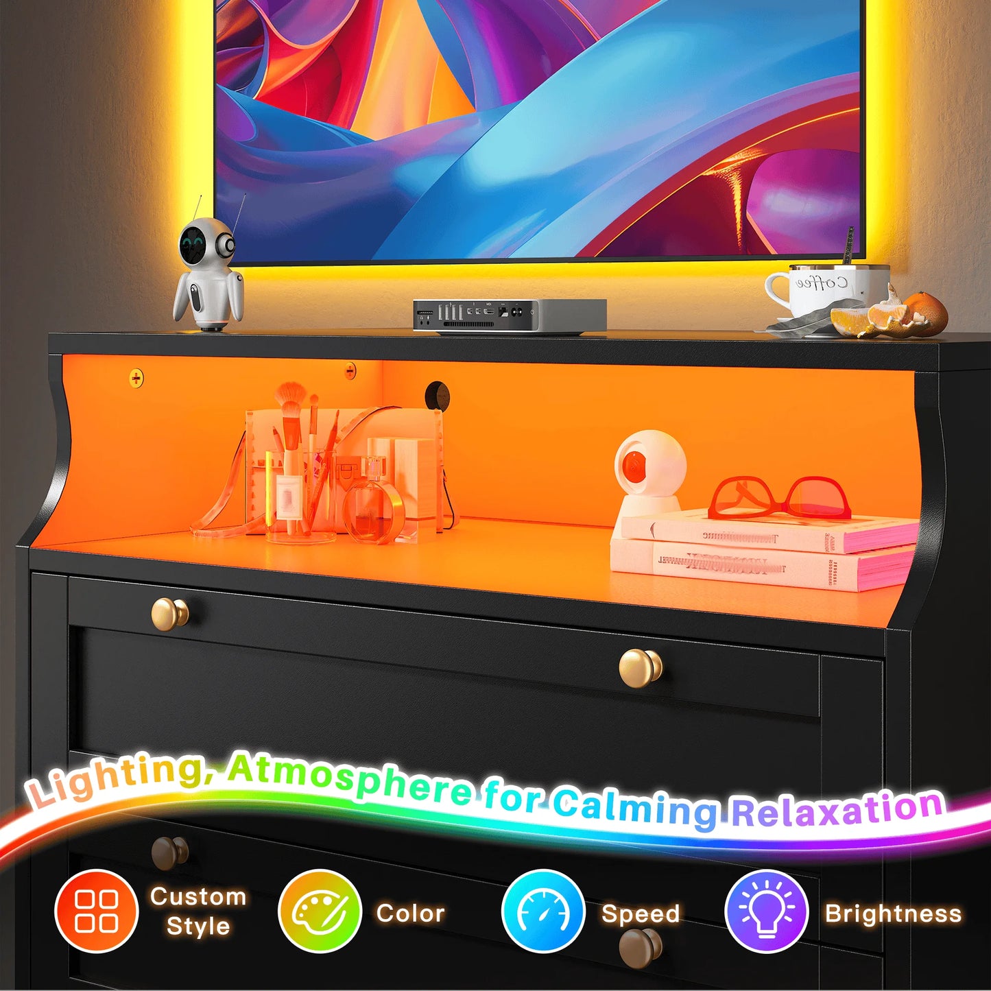 5 Drawer Dresser With LED Lights And Shelves For Bedroom