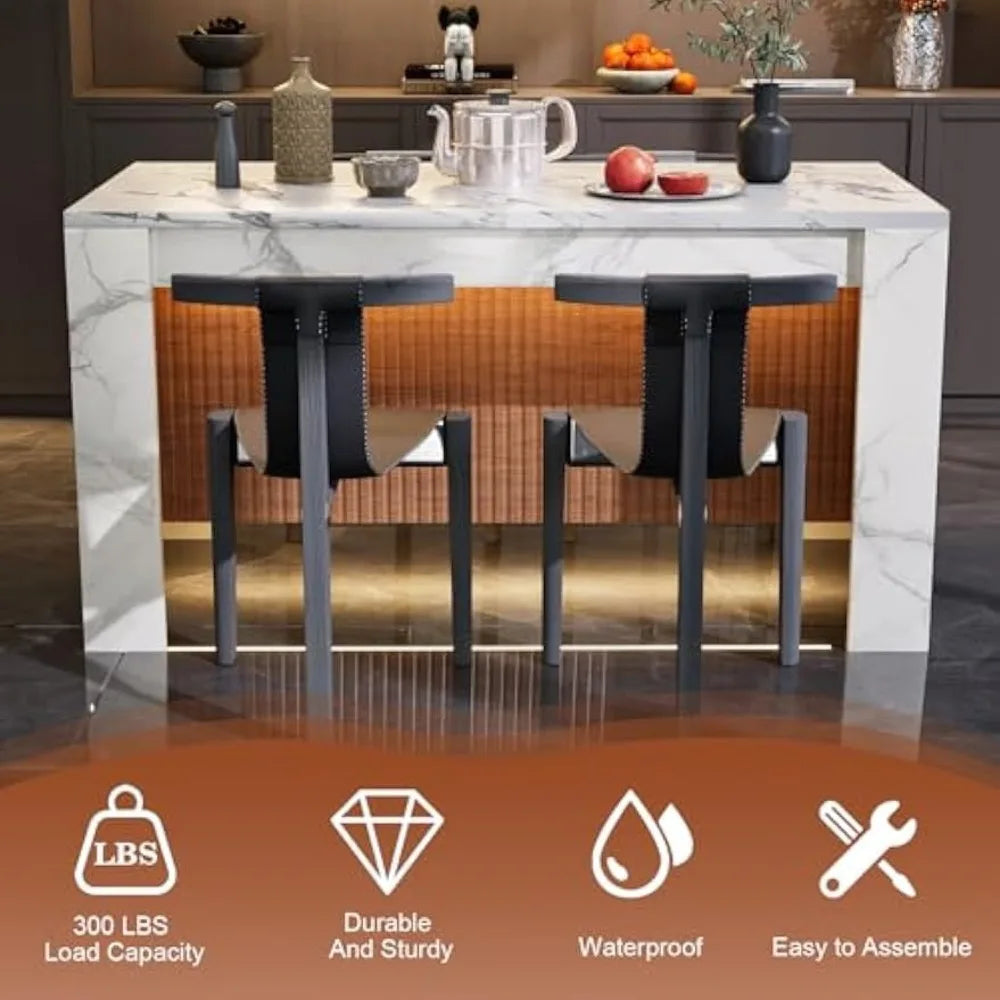 Faux Marble Dining Table With LED Lights For Modern Kitchen