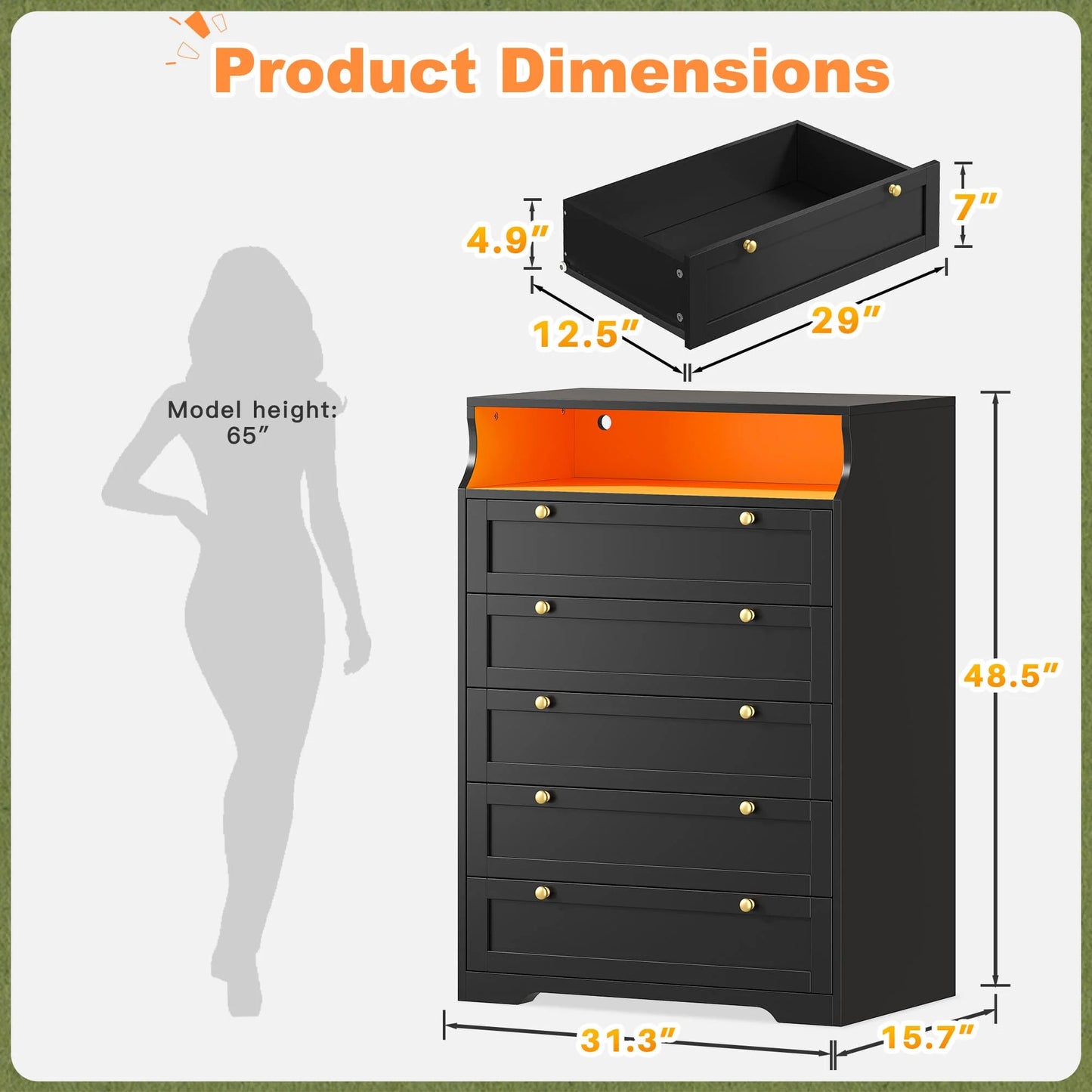 5 Drawer Dresser With LED Lights And Shelves For Bedroom