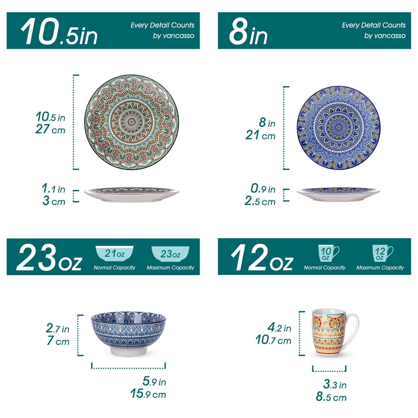 MALACASA Mandala Geometric Ceramic Dinnerware Set Porcelain Plates