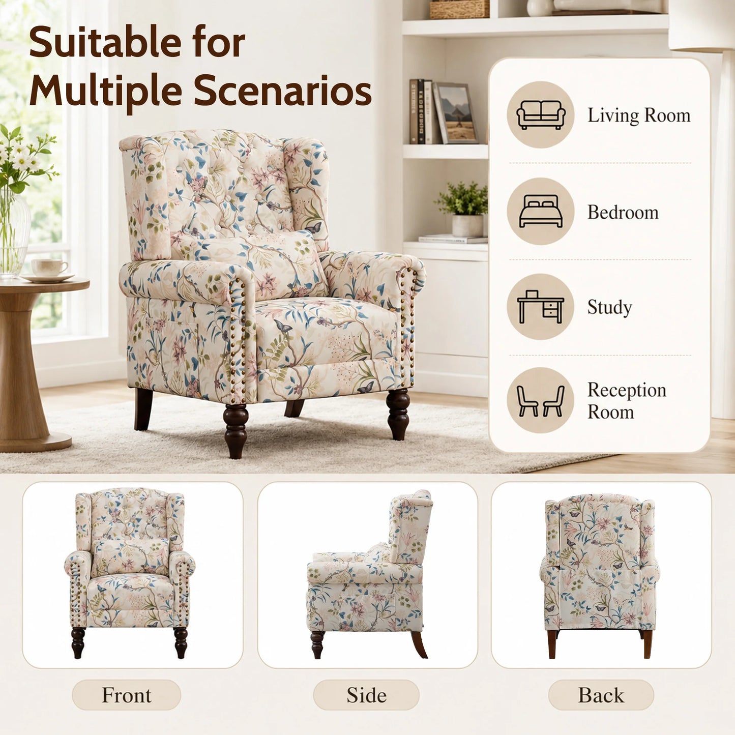 TCGBKAF Vintage Floral Wingback Club Accent Chair with Arms Mid-Century Modern Armchair Fabric Upholstered Mid Back Single Sofa Chair for Home