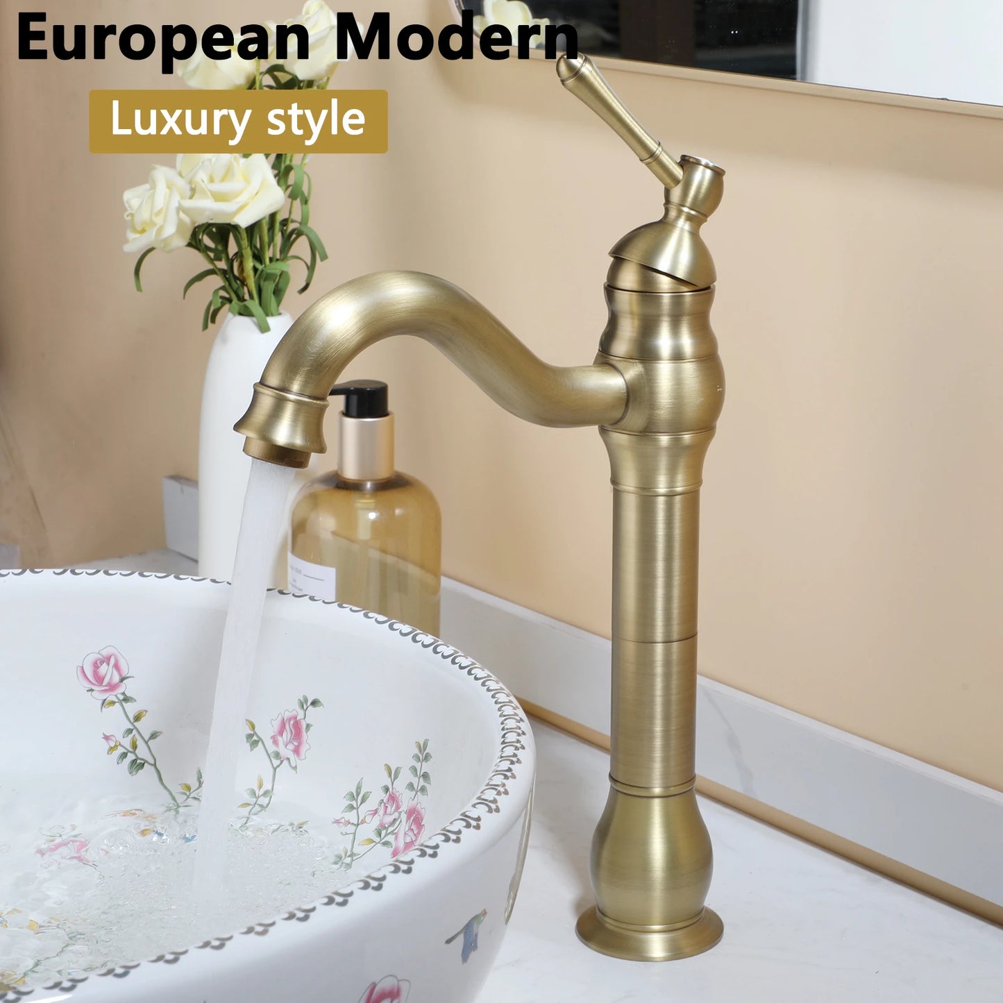 KEMAIDI Bathroom Ceramic Vessel Sinks White Round Porcelain Vessel Sink Counter Top Flower Bird Pattern Bowl Sinks for Bathrooms