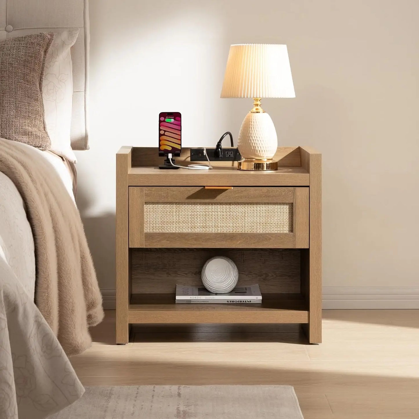 Rattan Nightstand End Table - Night Stand Bedside Table with Type-C Charging Station, 2 Drawers Storage - Boho, Customized