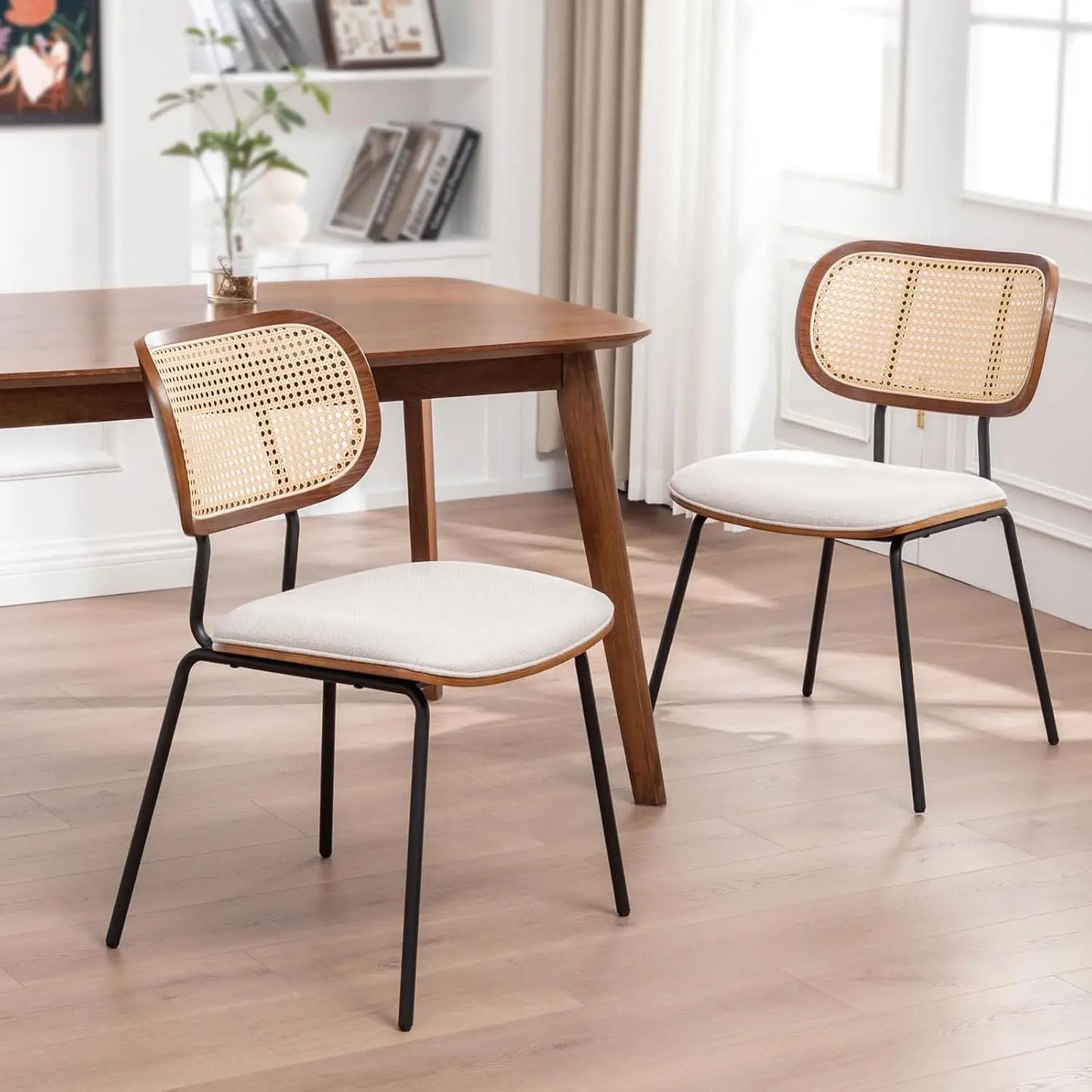Rattan Dining Chairs Mid Century Modern Set Of 2 With Cane Back Faux Leather