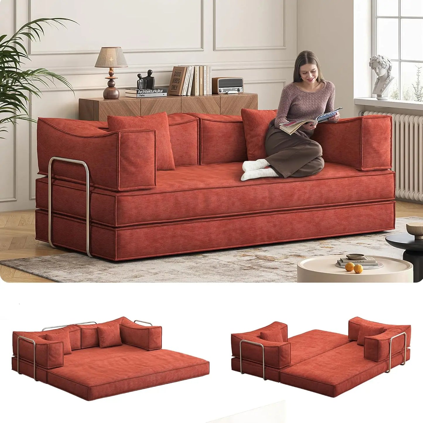 Corduroy Convertible Sofa Bed With Pillows