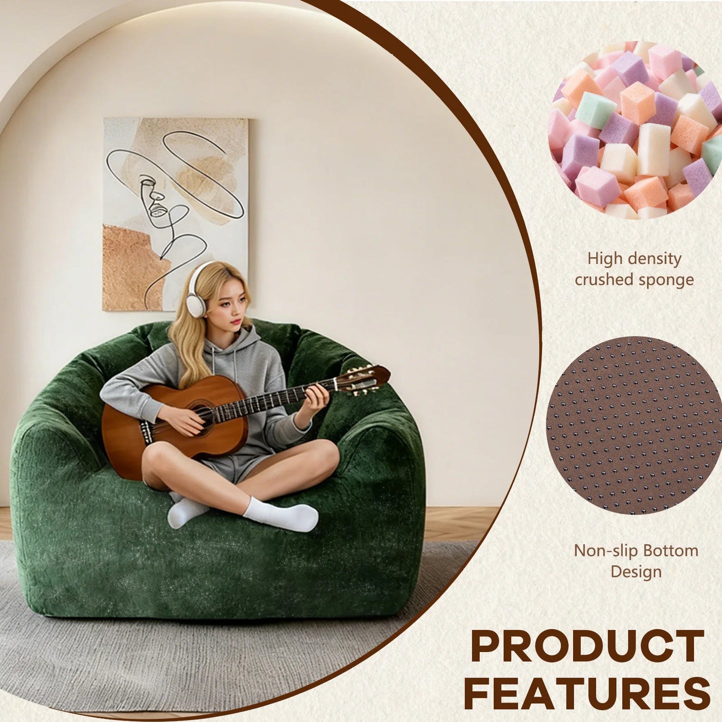 Premium Rabbit Fur Fabric Bean Bag Chair With Memory Foam