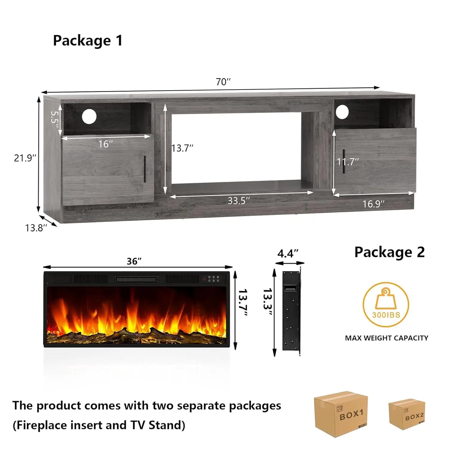 Fireplace TV Stand Entertainment Center with 36" Fireplace, 70" Wooden TV Console for TVs Up to 80", Modern TV Stands for Living