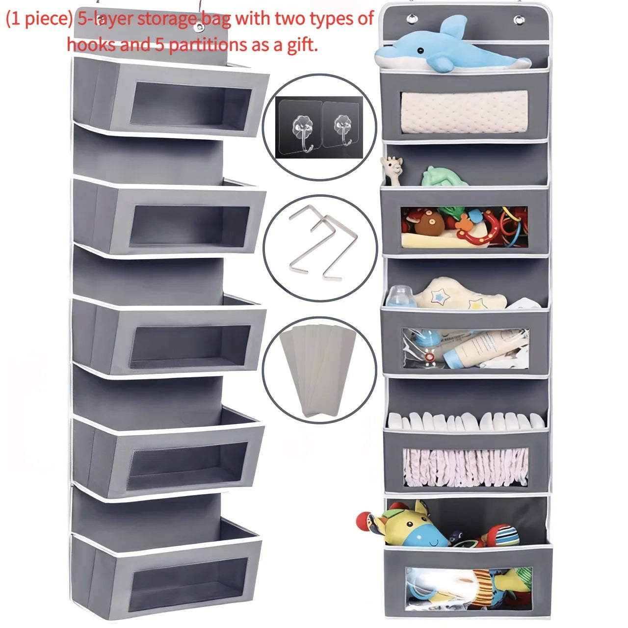 Door Hanging Storage Rack - 5+5 Pockets for Everyday Storage with 5 Large Clear & Mesh Side Pockets Over-The-Door Multi-Pocket Organizer Hangable Black Large Capacity Anti-Tilt Design Heavy-Duty