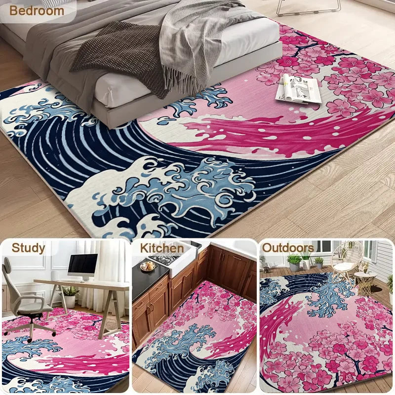 VIKAMA Japanese Cherry Blossom Wave Sofa Carpet Anti Slip Floor Mat