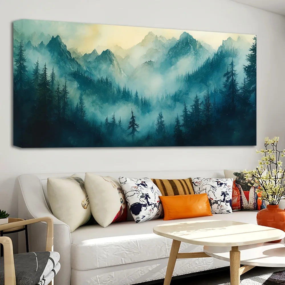 Pine Solid Wood Frame Wall Art Fog Forest Fabric Print Painting