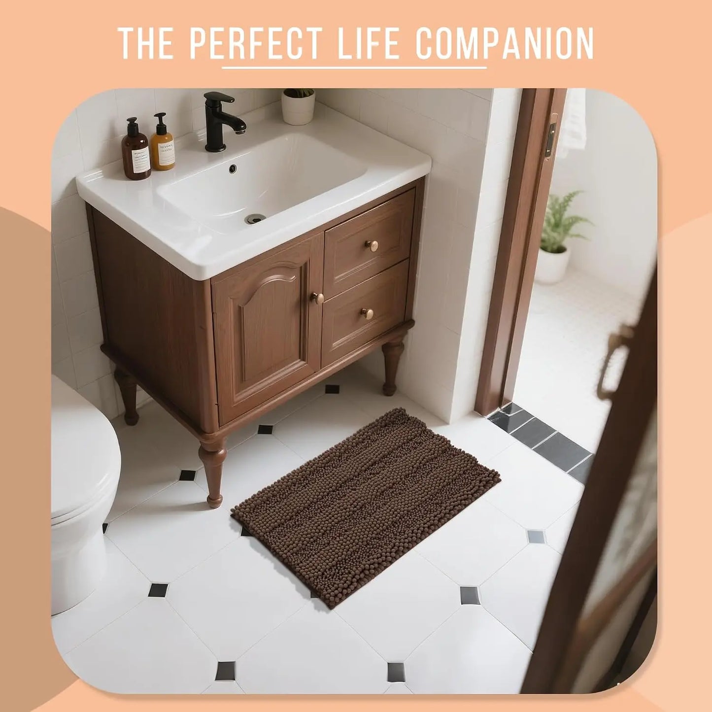Yimobra Bathroom Rug Mat, Non Slip and Super Absorbent Bath Mat, Machine Washable Quick Dry, Ultra Plush Chenille Shower Rugs for Bathroom Floor Sink Tub and Shower Outside, Brown, 24 x 17