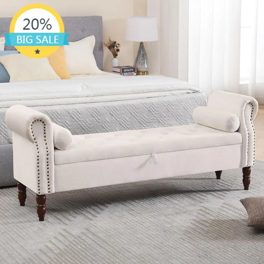 Velvet Storage Bench With Arms Upholstered Ottoman For Bedroom And Living Room