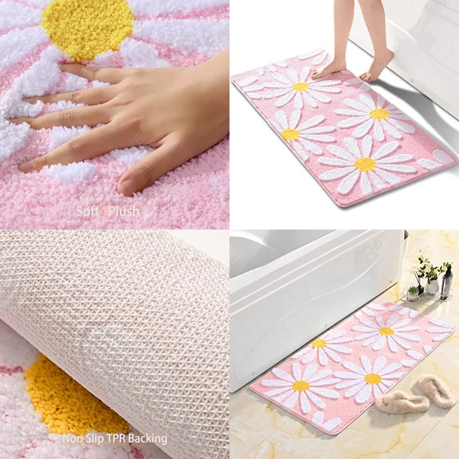 Cute Daisy Bath Mat Non Slip Bathroom Rug Microfiber Absorbent Washable