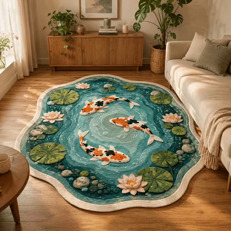 Lotus Koi Fish Plush Washable Anti Slip Bedroom Floor Rug